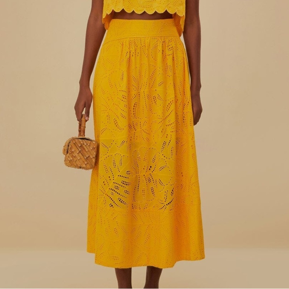 NWT Farm Rio Monstera Eyelet Maxi Skirt Embroidered Tropical Floral Yellow Sz XL